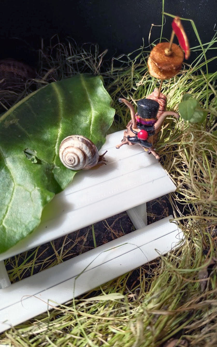 Two snails meeting on a green ledge of the set