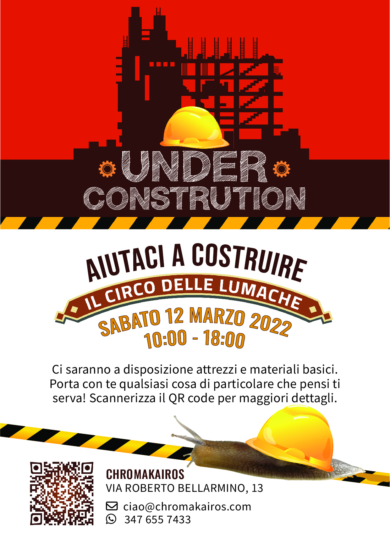 Under Construction flyer — 'Aiutaci a costruire' community build day, 12 Marzo 2022