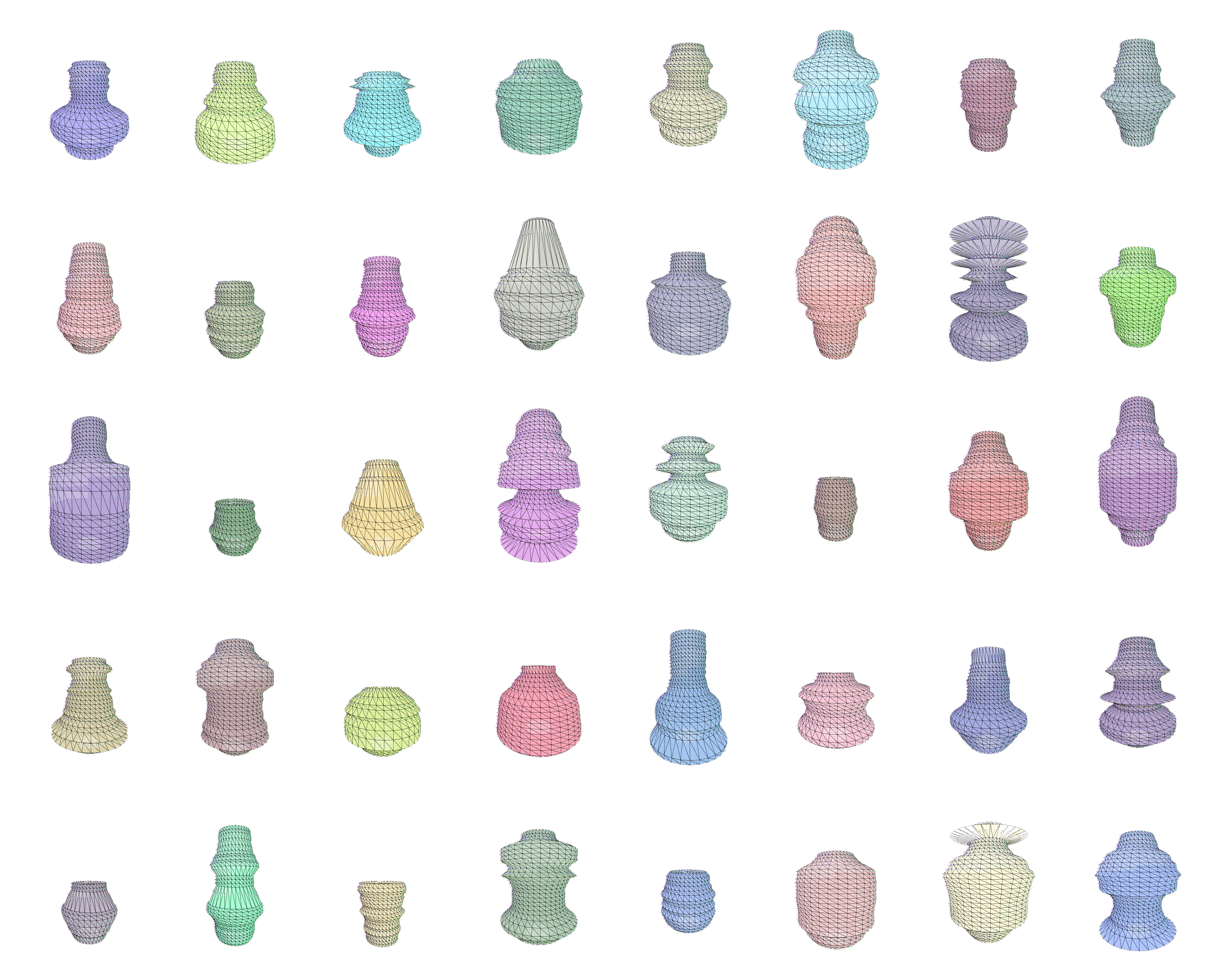 Wireframe collection of forty-eight breath vessels