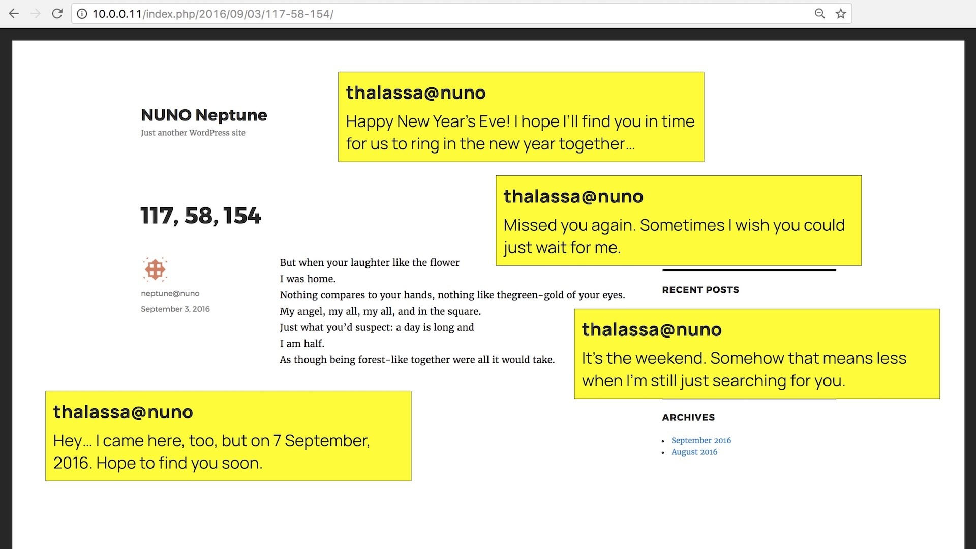 NUNO blog interface showing a poem and comment
